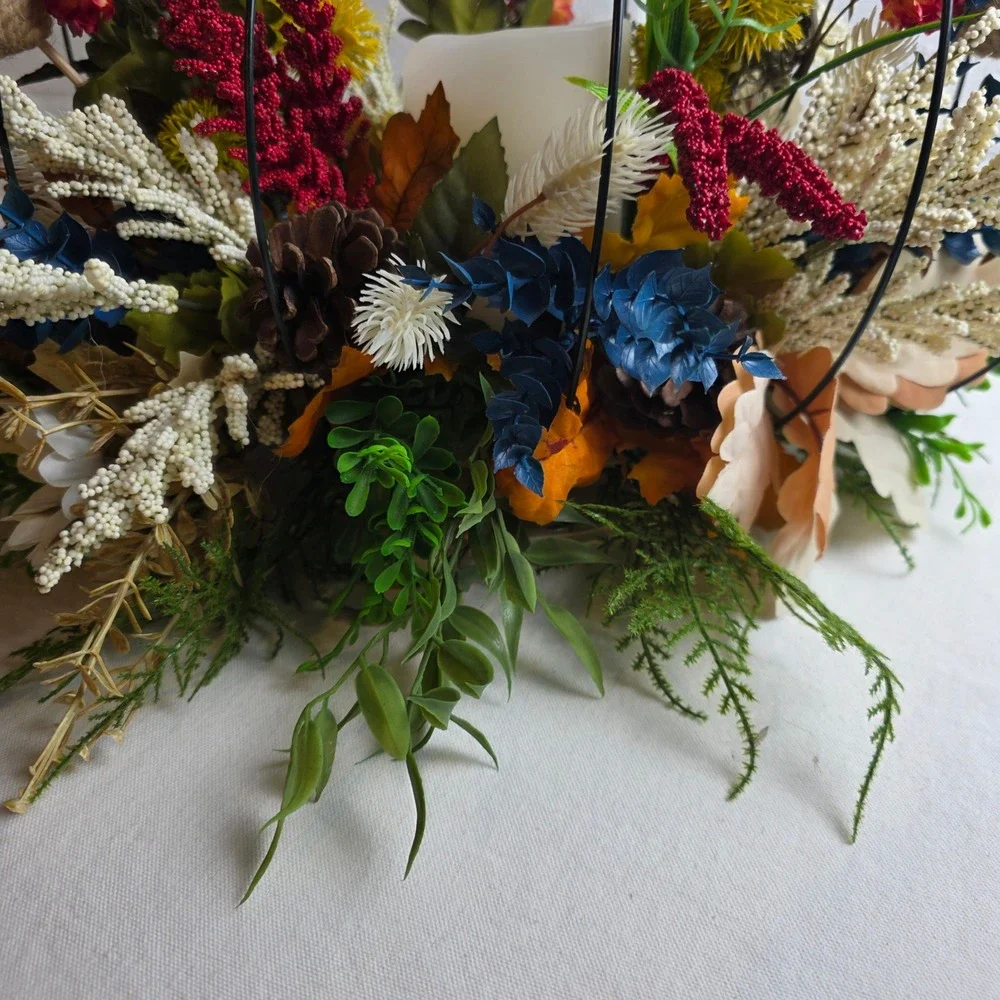 Rustic Fall Wire 3D Pumpkin Centerpiece Faux Florals Flameless Candle